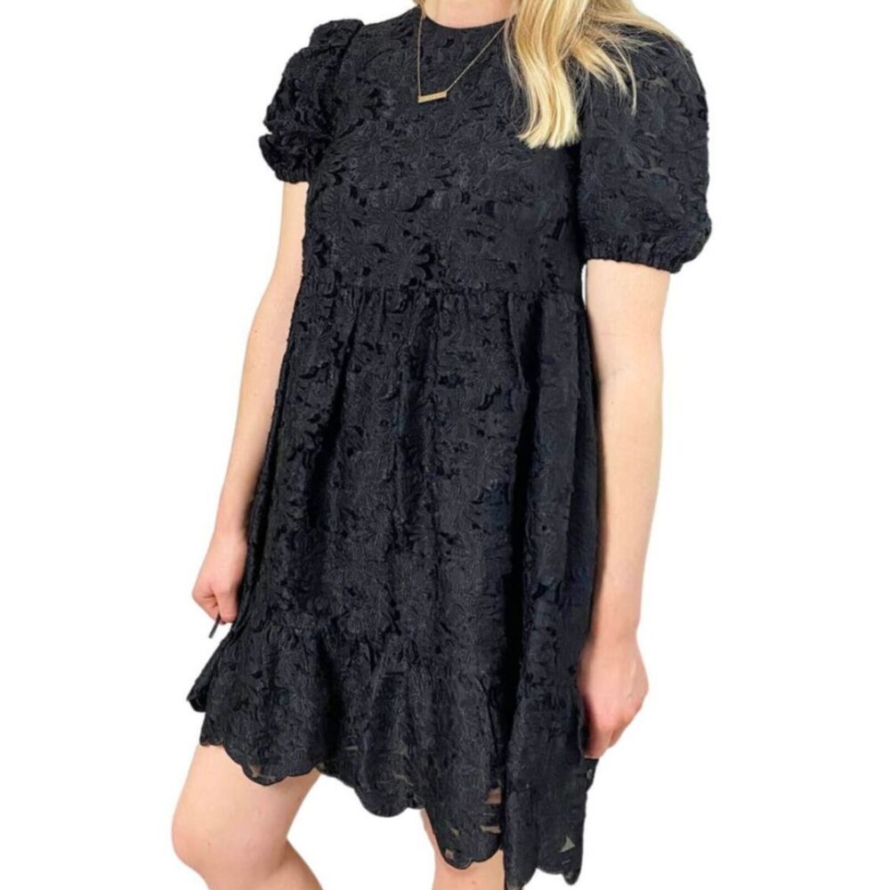& Other Stories Puff Sleeve Babydoll Mini Dress Black Lace Size 4 Romantic Goth